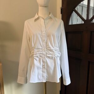 Foxcroft Ruched Shirt Long Sleeve Sculptural Button Up | White | Size 6